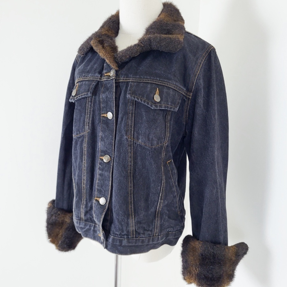 Y2K Denim Jacket Fur Lined Collar Button Up Down Long Sleeve Dark Wash - Picture 5 of 14
